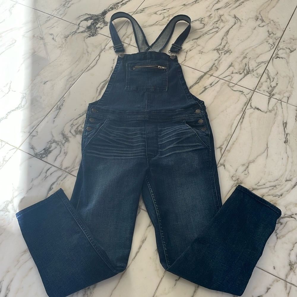 American Eagle sz M dark denim jean overalls with zip front pocket